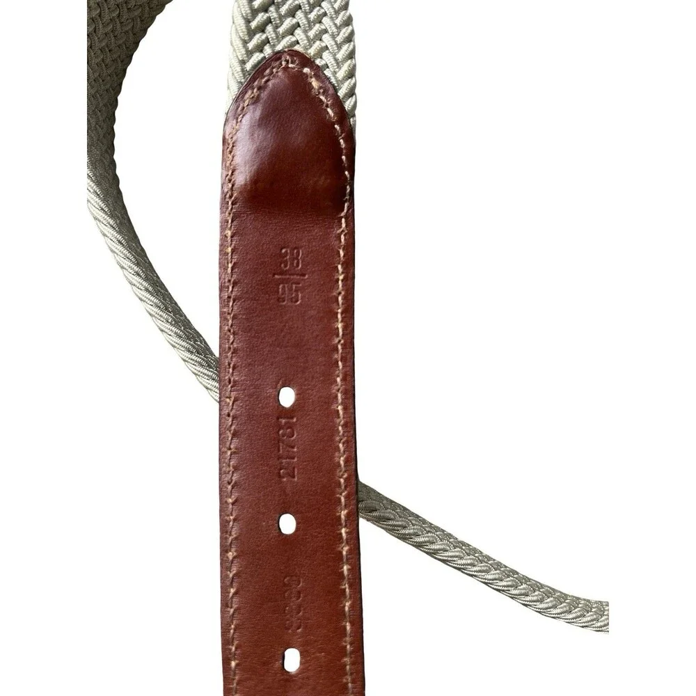 Lands’ End Woven Stretch Belt Size 38 Khaki Brown Leather Made in England